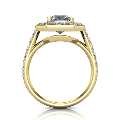 Gia square emerald double halo engagement ring in 14K Yellow Gold, through-finger front profile showing the double-halo head raised above the open under-gallery and pav&eacute; band