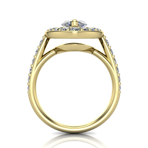 Gia marquise double halo engagement ring in 18K Yellow Gold, through-finger front profile showing the double-halo head raised above the open under-gallery and pav&eacute; band