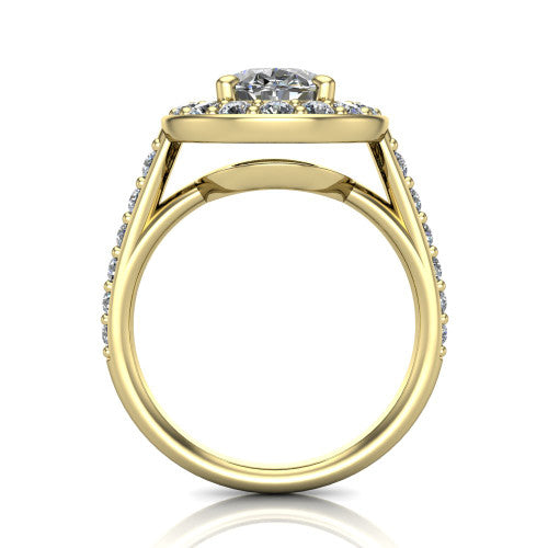 Gia oval double halo engagement ring in 14K Yellow Gold, through-finger front profile showing the double-halo head raised above the open under-gallery and pav&eacute; band