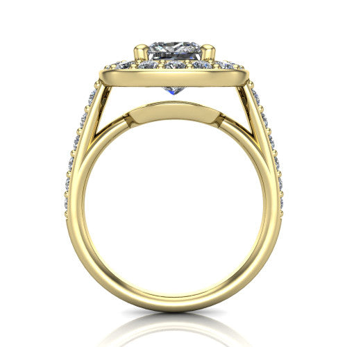 Gia princess double halo engagement ring in 14K Yellow Gold, through-finger front profile showing the double-halo head raised above the open under-gallery and pav&eacute; band