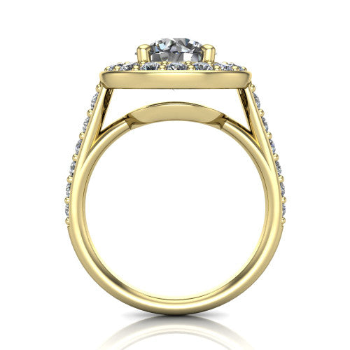 Gia round double halo engagement ring in 14K Yellow Gold, through-finger front profile showing the double-halo head raised above the open under-gallery and pav&eacute; band