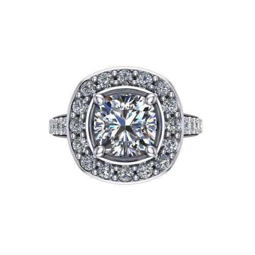 Gia cushion double halo engagement ring in 18K White Gold, top-down view showing the center framed by an inner and outer pav&eacute; halo from above