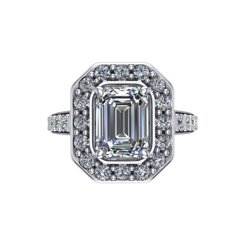 Gia emerald double halo engagement ring in Platinum, top-down view showing the center framed by an inner and outer pav&eacute; halo from above