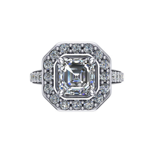 Gia square emerald double halo engagement ring in 14K White Gold, top-down view showing the center framed by an inner and outer pav&eacute; halo from above