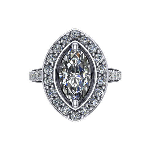 Gia marquise double halo engagement ring in Platinum, top-down view showing the center framed by an inner and outer pav&eacute; halo from above