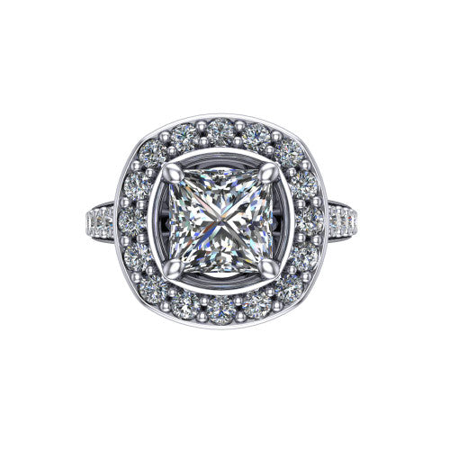 Gia princess double halo engagement ring in 14K White Gold, top-down view showing the center framed by an inner and outer pav&eacute; halo from above