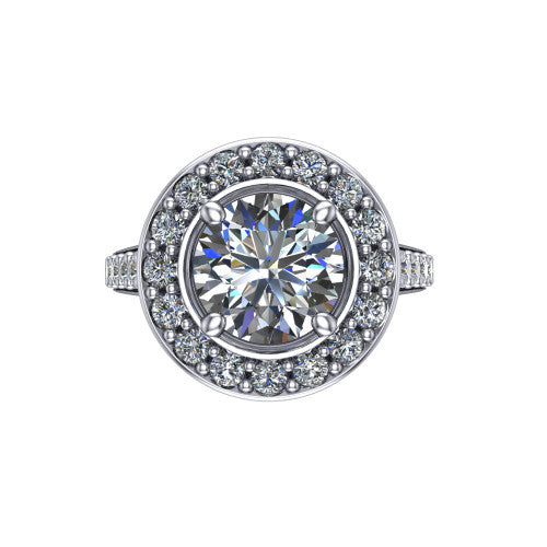 Gia round double halo engagement ring in 18K White Gold, top-down view showing the center framed by an inner and outer pav&eacute; halo from above