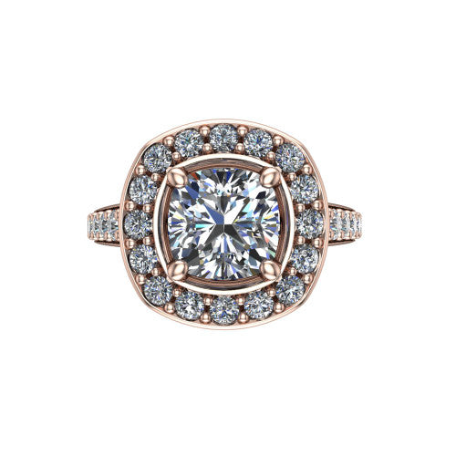 Gia cushion double halo engagement ring in 14K Rose Gold, top-down view showing the center framed by an inner and outer pav&eacute; halo from above
