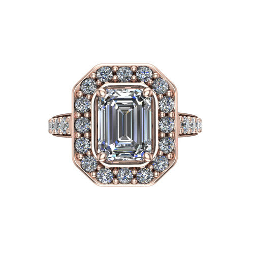 Gia emerald double halo engagement ring in 14K Rose Gold, top-down view showing the center framed by an inner and outer pav&eacute; halo from above