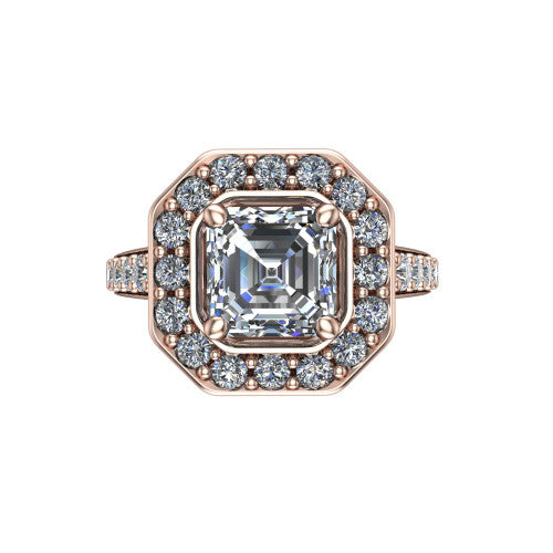 Gia square emerald double halo engagement ring in 14K Rose Gold, top-down view showing the center framed by an inner and outer pav&eacute; halo from above
