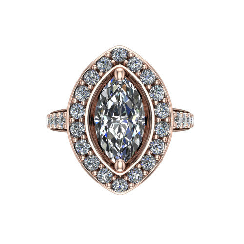 Gia marquise double halo engagement ring in 18K Rose Gold, top-down view showing the center framed by an inner and outer pav&eacute; halo from above