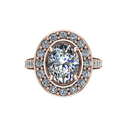 Gia oval double halo engagement ring in 14K Rose Gold, top-down view showing the center framed by an inner and outer pav&eacute; halo from above