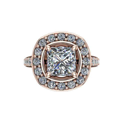 Gia princess double halo engagement ring in 14K Rose Gold, top-down view showing the center framed by an inner and outer pav&eacute; halo from above