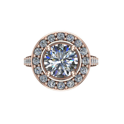 Gia round double halo engagement ring in 18K Rose Gold, top-down view showing the center framed by an inner and outer pav&eacute; halo from above
