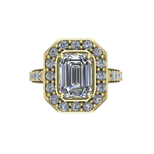 Gia emerald double halo engagement ring in 14K Yellow Gold, top-down view showing the center framed by an inner and outer pav&eacute; halo from above