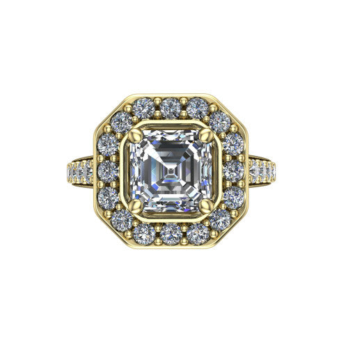 Gia square emerald double halo engagement ring in 18K Yellow Gold, top-down view showing the center framed by an inner and outer pav&eacute; halo from above