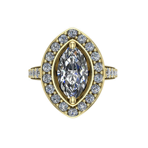 Gia marquise double halo engagement ring in 18K Yellow Gold, top-down view showing the center framed by an inner and outer pav&eacute; halo from above