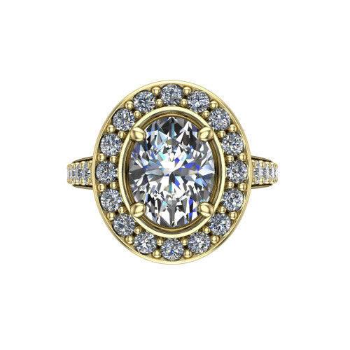 Gia oval double halo engagement ring in 14K Yellow Gold, top-down view showing the center framed by an inner and outer pav&eacute; halo from above