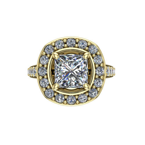 Gia princess double halo engagement ring in 14K Yellow Gold, top-down view showing the center framed by an inner and outer pav&eacute; halo from above
