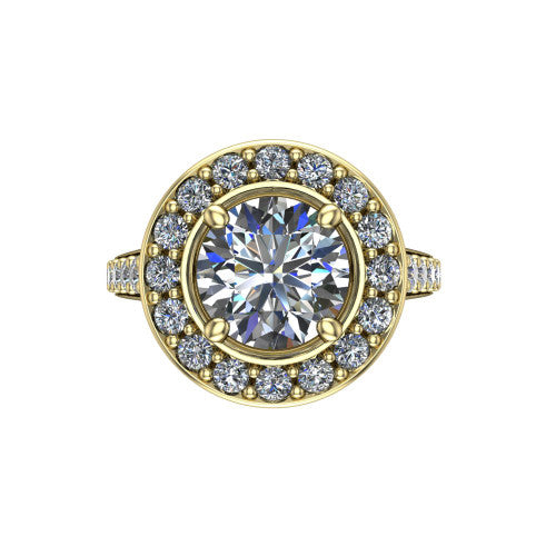 Gia round double halo engagement ring in 18K Yellow Gold, top-down view showing the center framed by an inner and outer pav&eacute; halo from above