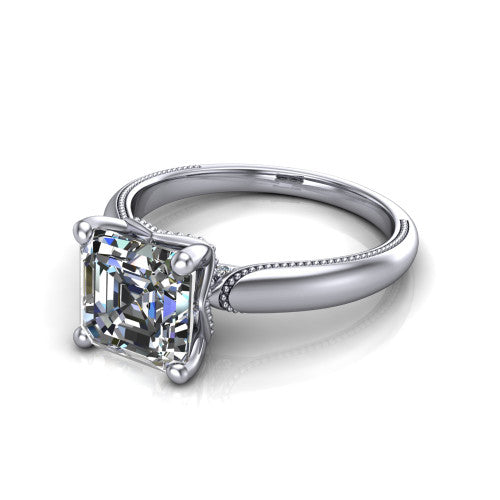 Laila square emerald solitaire engagement ring in 14K White Gold, three-quarter perspective showing the double-prong center raised above a milgrain-edged polished band