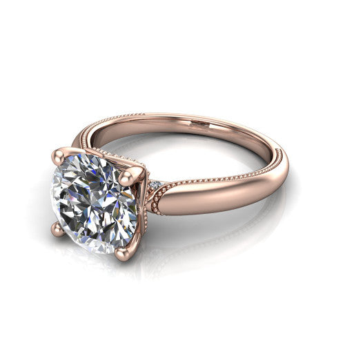 Laila round solitaire engagement ring in 18K Rose Gold, three-quarter perspective showing the double-prong center raised above a milgrain-edged polished band