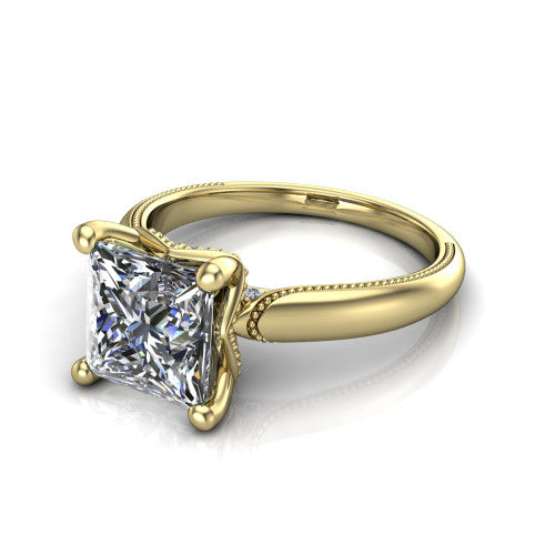 Laila princess solitaire engagement ring in 18K Yellow Gold, three-quarter perspective showing the double-prong center raised above a milgrain-edged polished band
