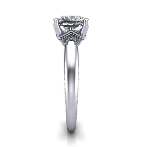 Laila cushion solitaire engagement ring in 14K White Gold, side profile showing the milgrain detailing running down the polished band in profile