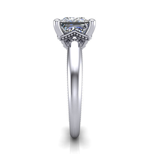 Laila princess solitaire engagement ring in 18K White Gold, side profile showing the milgrain detailing running down the polished band in profile