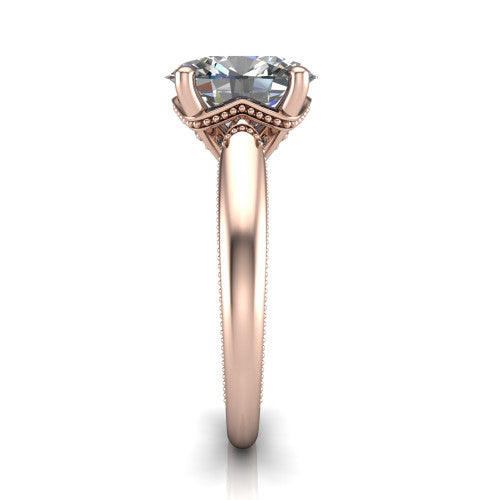 Laila oval solitaire engagement ring in 18K Rose Gold, side profile showing the milgrain detailing running down the polished band in profile