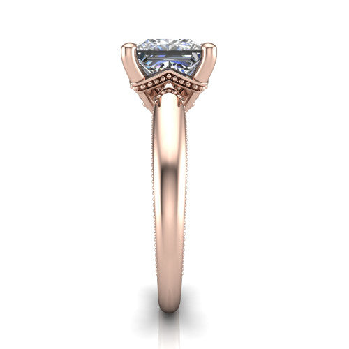 Laila princess solitaire engagement ring in 14K Rose Gold, side profile showing the milgrain detailing running down the polished band in profile
