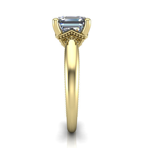 Laila square emerald solitaire engagement ring in 18K Yellow Gold, side profile showing the milgrain detailing running down the polished band in profile