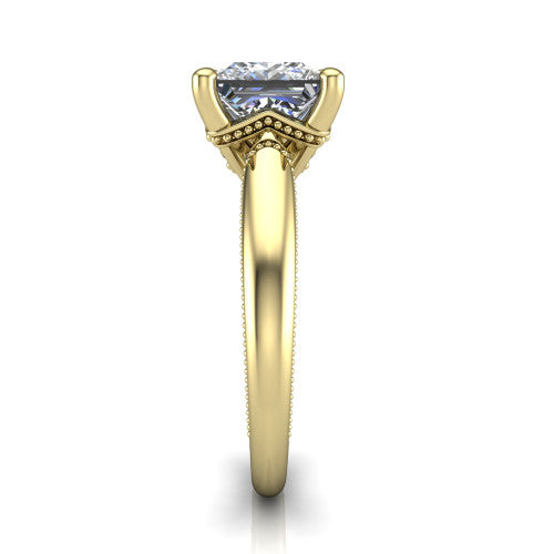 Laila princess solitaire engagement ring in 14K Yellow Gold, side profile showing the milgrain detailing running down the polished band in profile