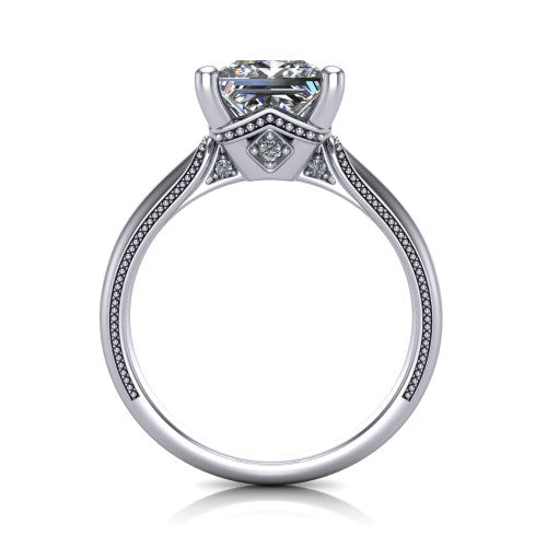 Laila princess solitaire engagement ring in Platinum, through-finger front profile showing the cathedral under-gallery with a diamond kite accent beneath the center