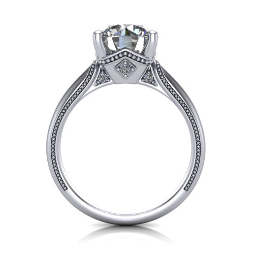 Laila round solitaire engagement ring in 14K White Gold, through-finger front profile showing the cathedral under-gallery with a diamond kite accent beneath the center