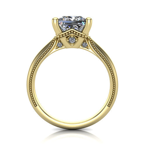 Laila princess solitaire engagement ring in 14K Yellow Gold, through-finger front profile showing the cathedral under-gallery with a diamond kite accent beneath the center