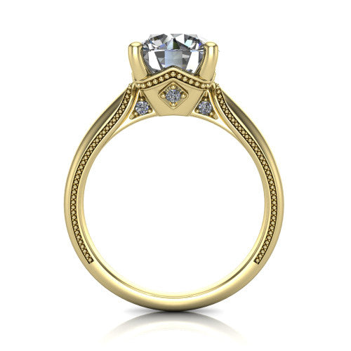 Laila round solitaire engagement ring in 14K Yellow Gold, through-finger front profile showing the cathedral under-gallery with a diamond kite accent beneath the center