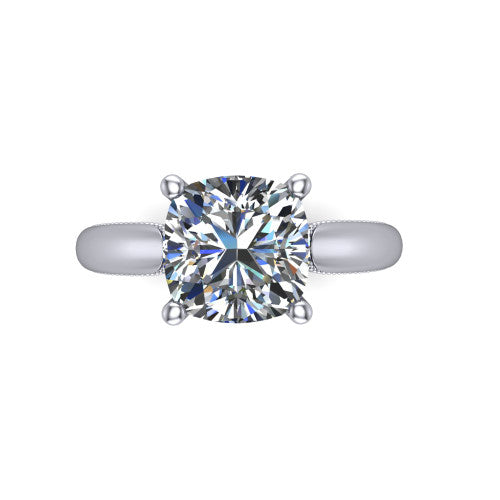 Laila cushion solitaire engagement ring in Platinum, top-down view showing the center stone and the slim milgrain band from above