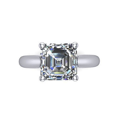 Laila square emerald solitaire engagement ring in 18K White Gold, top-down view showing the center stone and the slim milgrain band from above