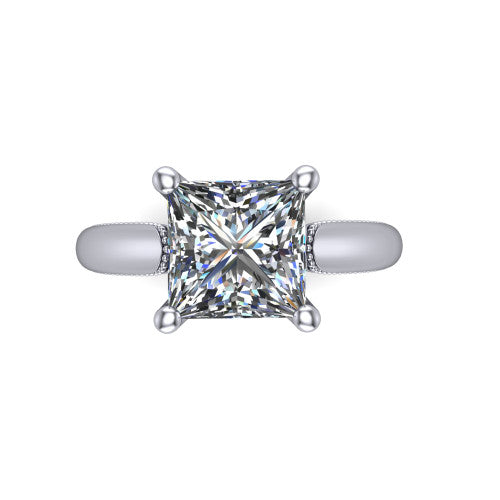 Laila princess solitaire engagement ring in Platinum, top-down view showing the center stone and the slim milgrain band from above