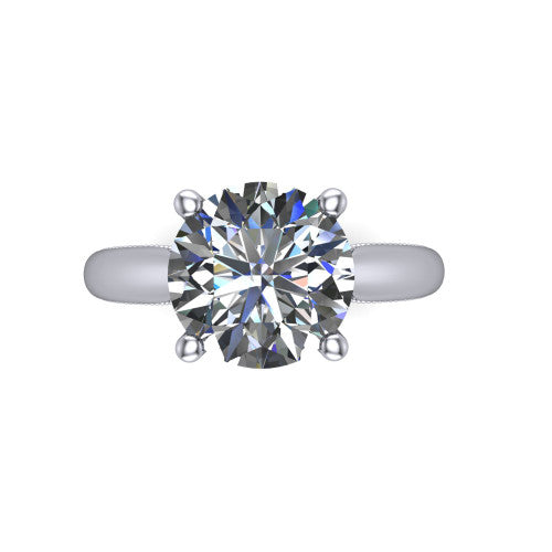 Laila round solitaire engagement ring in 14K White Gold, top-down view showing the center stone and the slim milgrain band from above