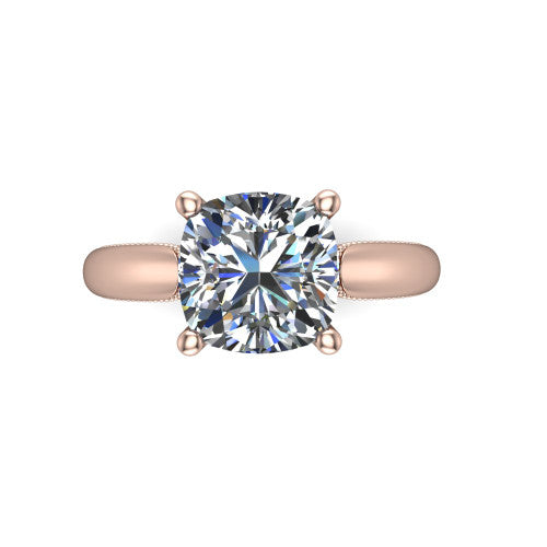 Laila cushion solitaire engagement ring in 14K Rose Gold, top-down view showing the center stone and the slim milgrain band from above