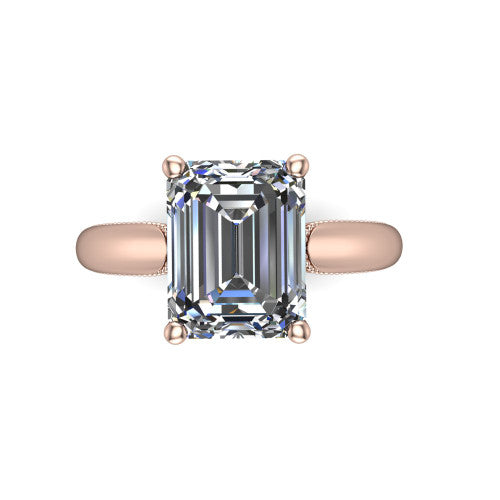 Laila emerald solitaire engagement ring in 18K Rose Gold, top-down view showing the center stone and the slim milgrain band from above