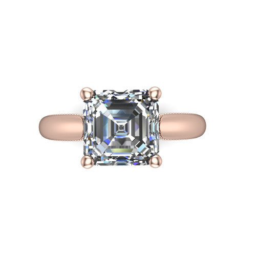 Laila square emerald solitaire engagement ring in 18K Rose Gold, top-down view showing the center stone and the slim milgrain band from above