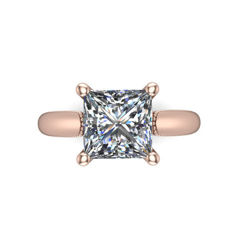 Laila princess solitaire engagement ring in 14K Rose Gold, top-down view showing the center stone and the slim milgrain band from above
