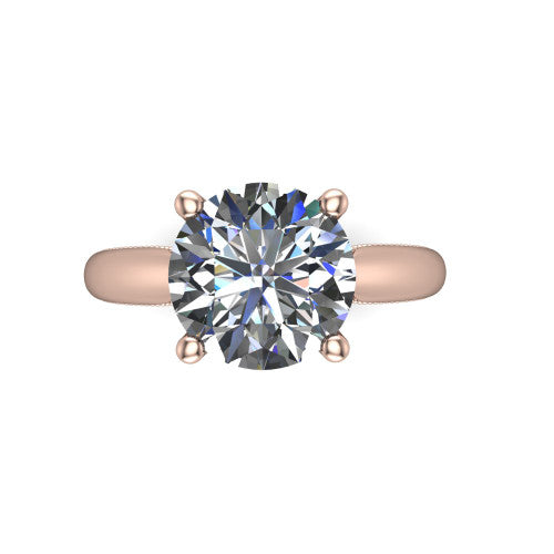 Laila round solitaire engagement ring in 18K Rose Gold, top-down view showing the center stone and the slim milgrain band from above