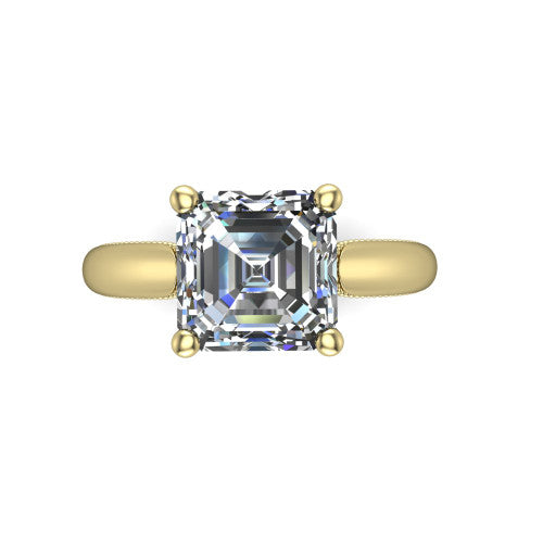 Laila square emerald solitaire engagement ring in 18K Yellow Gold, top-down view showing the center stone and the slim milgrain band from above