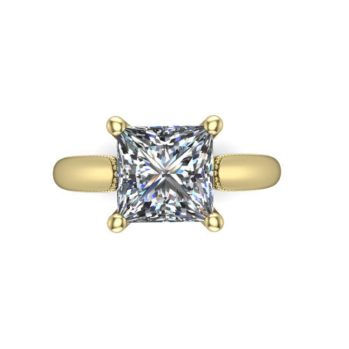 Laila princess solitaire engagement ring in 18K Yellow Gold, top-down view showing the center stone and the slim milgrain band from above