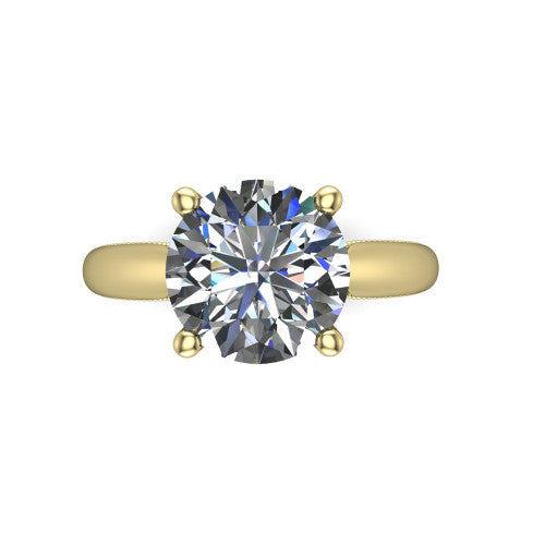 Laila round solitaire engagement ring in 14K Yellow Gold, top-down view showing the center stone and the slim milgrain band from above