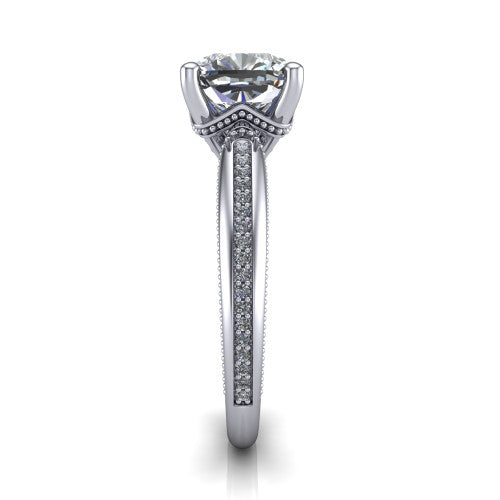 Vanessa cushion solitaire engagement ring in 18K White Gold, side profile showing the pav&eacute; running down the band and the milgrain detailing in profile